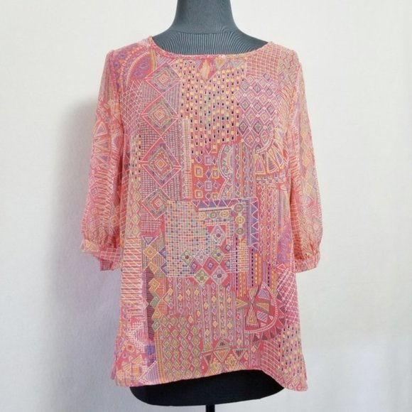 Boho Yahada Tunic Top M Sheer Geometric Print Layered Open Back Blouse - Picture 1 of 4